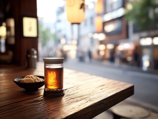Tea and noodles simple meal on wooden table