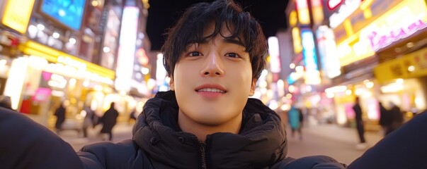 Person taking selfie at night in city street with bright lights
