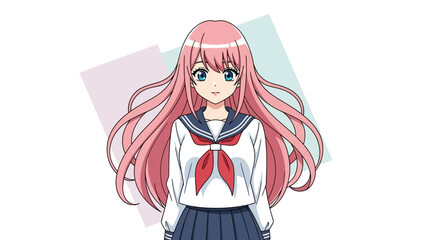 Anime Girl in School Uniform with Pink Hair Character Illustration