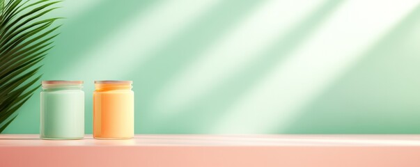 Minimalist studio scene with jars palm leaf light and shadow play
