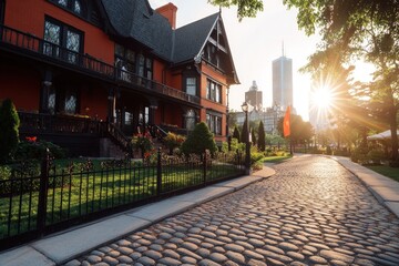 Elegant red house near modern city building on cobblestone street under sunlight