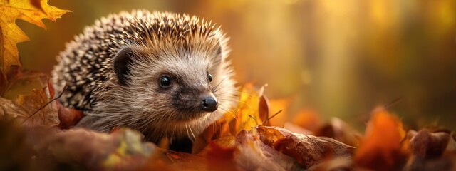 Cute hedgehog nestled amongst autumn leaves