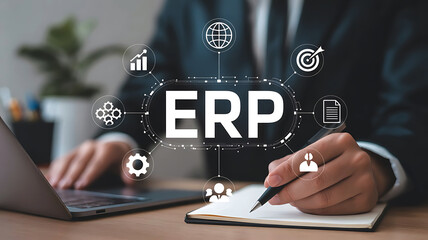 Business professional using erp system with integrated digital icons representing global business operations and efficiency