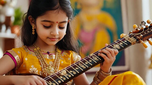 Young girl joyfully playing sitar in traditional attire at home