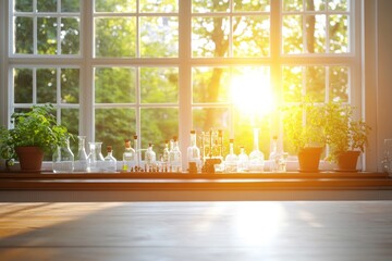 Glassware beakers on windowsill with sunlight and foliage science background