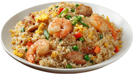 Close-up of a bowl of fried rice with vegetables and prawns. Featuring a colorful and appetizing dish. Highlighting the versatility and flavor of fried rice. Ideal for food and culinary themes.