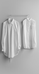 Minimalist white shirts hanging, gray wall, studio shot, fashion