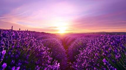 Fototapeta premium Stunning beauty in endless aromatherapy fields of Provence, shining in the warm summer light. The violet rows of France stretch into the distance, carrying a sweet fragrance