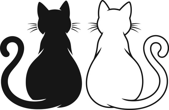 Vector art of black and white cats sitting together isolated on white background in silhouette