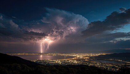 City lights illuminated by a dramatic nighttime storm