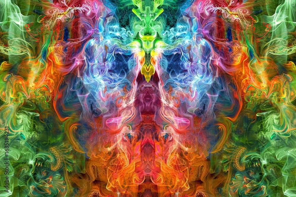 Poster vibrant abstract image features colorful swirling smoke-like patterns in a digital environment. the 