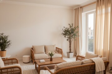 Bright Living Room with Curtains and Tree	