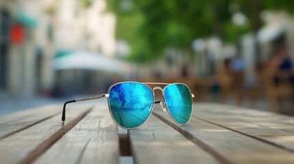 Reflective sunglasses on wood table summer vacation style
