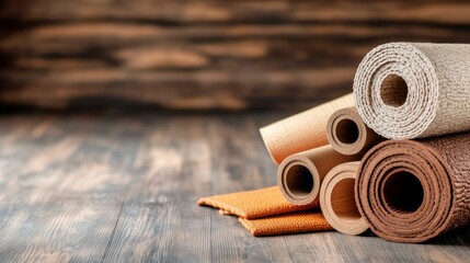 Rolled towel stack on wood surface still life