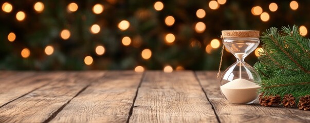 Vintage hourglass with pine branch and bokeh lights on wood surface