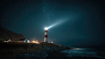 Night lighthouse beam illuminates starry sky