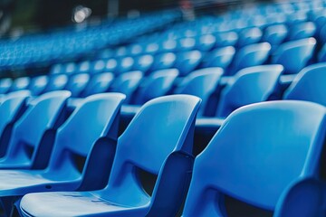 Rows of empty blue stadium seats in VIP area.