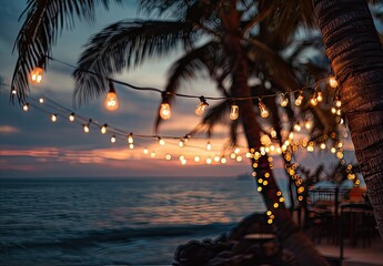 Beachside string lights at sunset