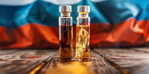 Russian flag and two vials containing crude oil representing sanctions and tariffs