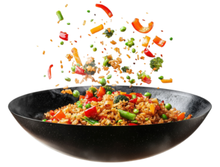 Close-up of a bowl of fried rice with vegetables and prawns. Featuring a colorful and appetizing dish. Highlighting the versatility and flavor of fried rice. Ideal for food and culinary themes.