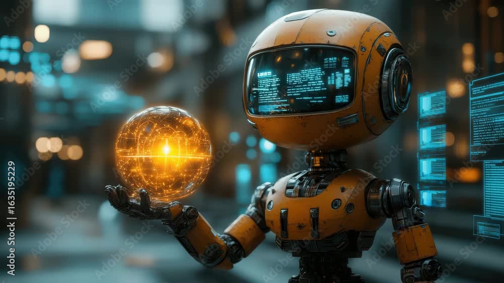 Aufkleber futuristic robot holds energy orb surrounded by floating data displays sci-fi concept