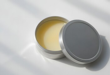 Luxurious yellow balm in stylish silver container for skincare and beauty product advertising needs