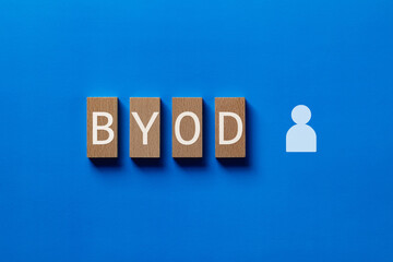 There is wood block with the word BYOD. It is an abbreviation for Bring Your Own Device as...