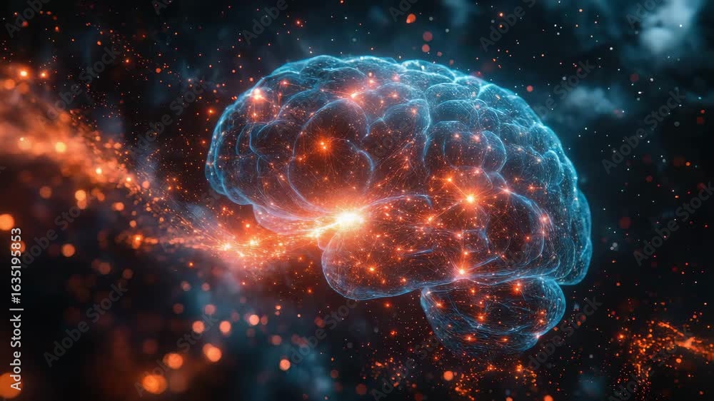 Poster intricate brain model with energy flow, conceptual science and technology visualization