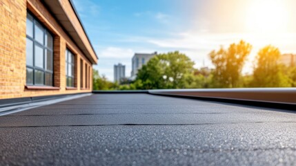 Modern building rooftop with urban view under bright sky