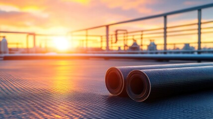 Fitness lifestyle yoga mat rooftop exercise sunrise health and wellness