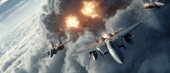 Military jets in aerial combat amidst stormy clouds
