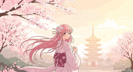 Blooming Cherry Blossoms Frame Young Woman in Traditional Kimono Landscape