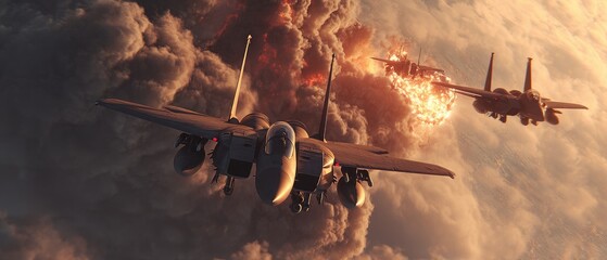 Two fighter jets in dramatic aerial combat, amidst a fiery explosion and stormy clouds