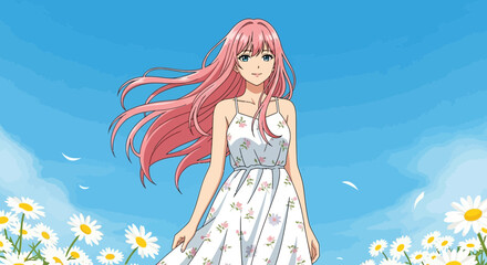 Anime Character Girl With Pink Hair And Floral Dress Standing In Daisies