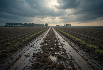 Wide muddy plowed farmland with water puddles after rain under dramatic cloudy sky, symmetrical perspective lines leading to horizon in rural agricultural landscape
