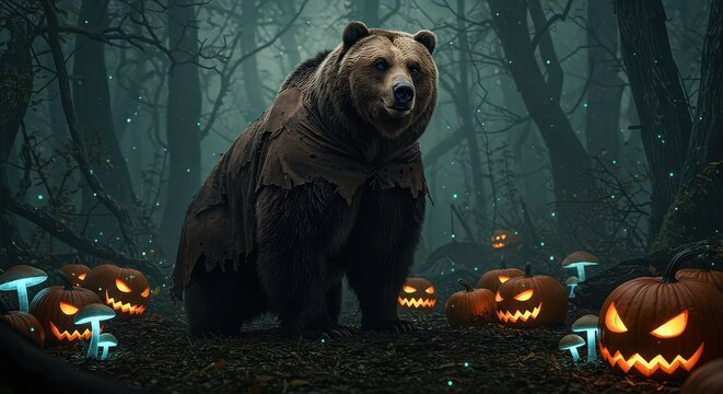 A brown bear standing amongst glowing pumpkins and mushrooms in a dark spooky forest scene