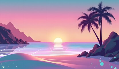 Vaporwave Tropical Sunset Beach in Flat 2D Vector Style