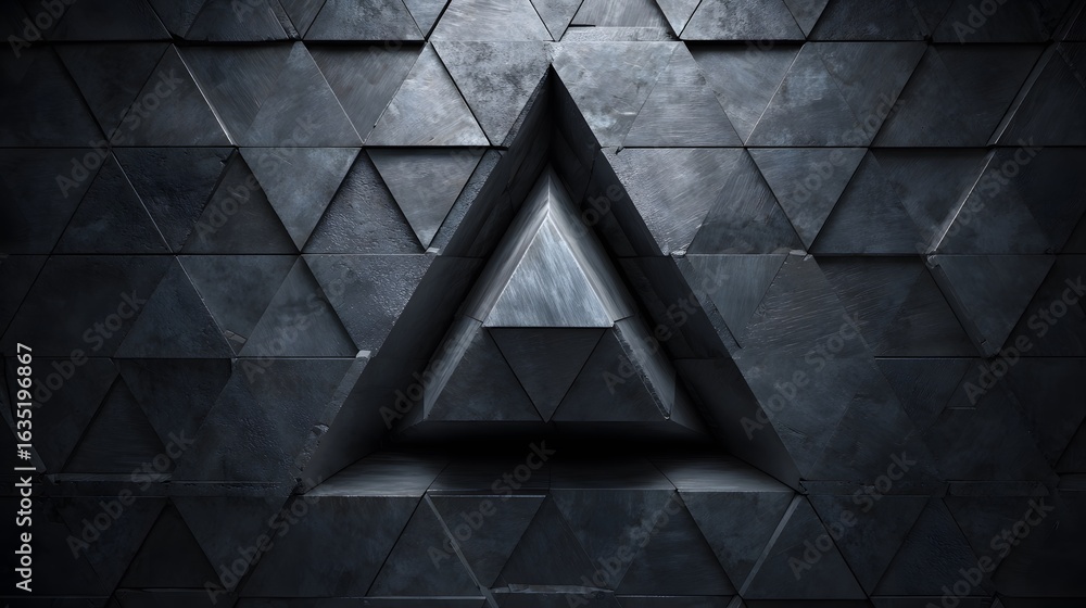 Poster abstract wall composed of textured dark triangles creating a tunnel effect with a light source in th