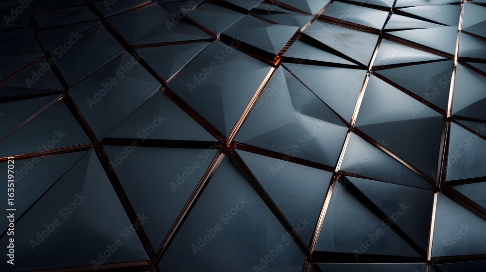 Poster abstract geometric pattern with glossy black triangular tiles and thin copper-colored accents, creat