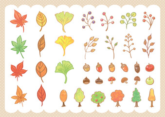 A set of watercolor hand-drawn illustrations of autumn leaves, trees, and fruits in gentle colors