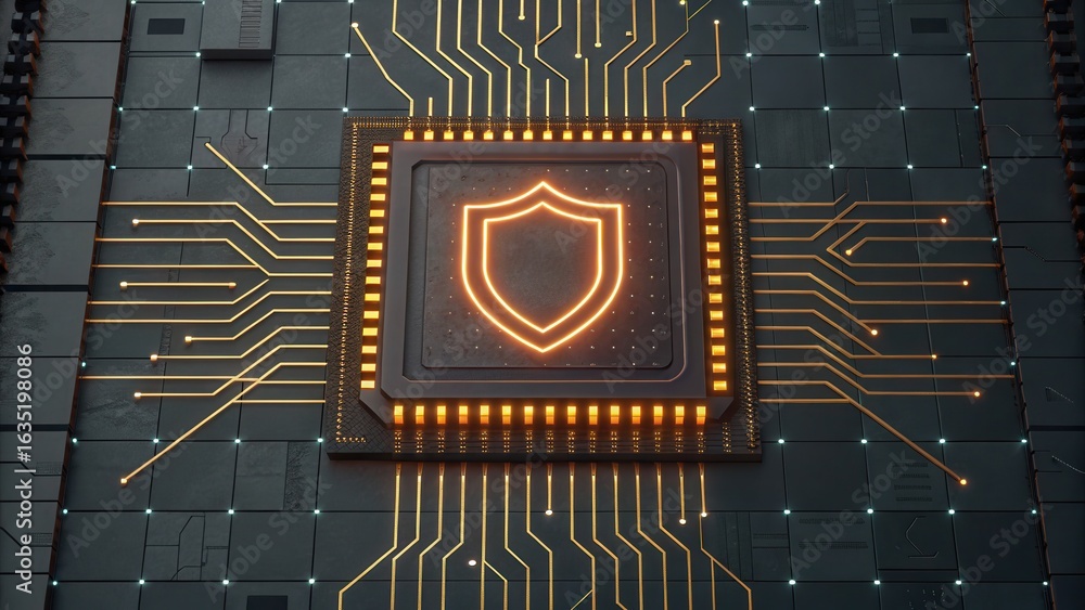 Poster glowing circuit firewall icon with abstract technology lines