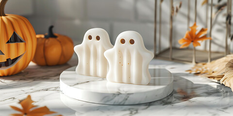 Ghost candle among autumn decorations with pumpkins and candles
