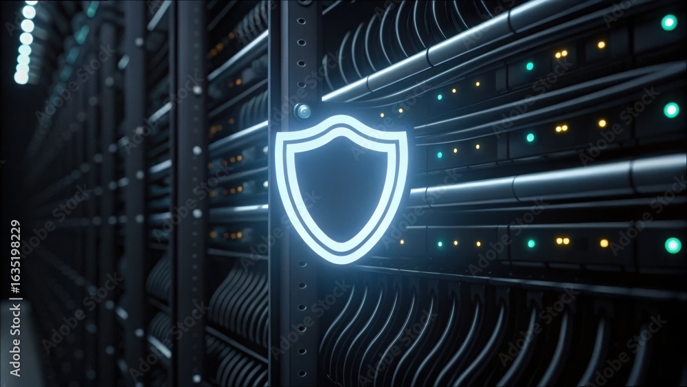 Poster glowing shield icon on technology data server rack background