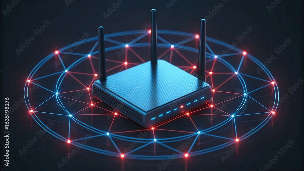 Poster modern router with holographic firewall and network protection display