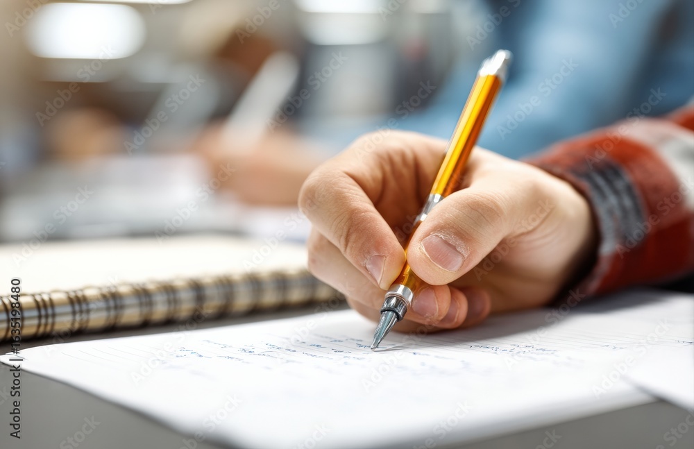Poster close up view of a hand writing notes with a pen on paper during a university class lesson, capturin