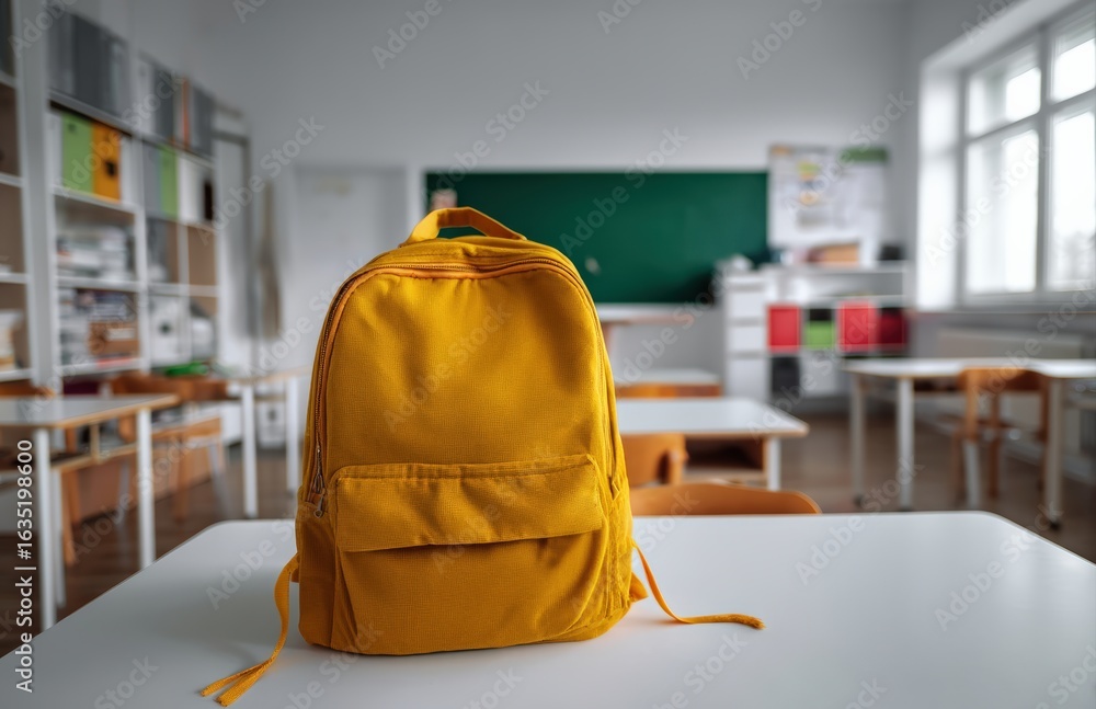 Poster yellow backpack resting on a desk in an empty classroom, waiting for students to return and resume t