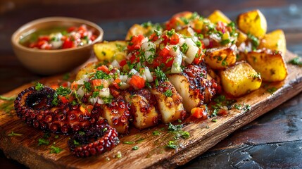 A delicious grilled octopus tentacle dish paired with crispy potatoes and a vibrant salsa, served on a rustic wooden board.