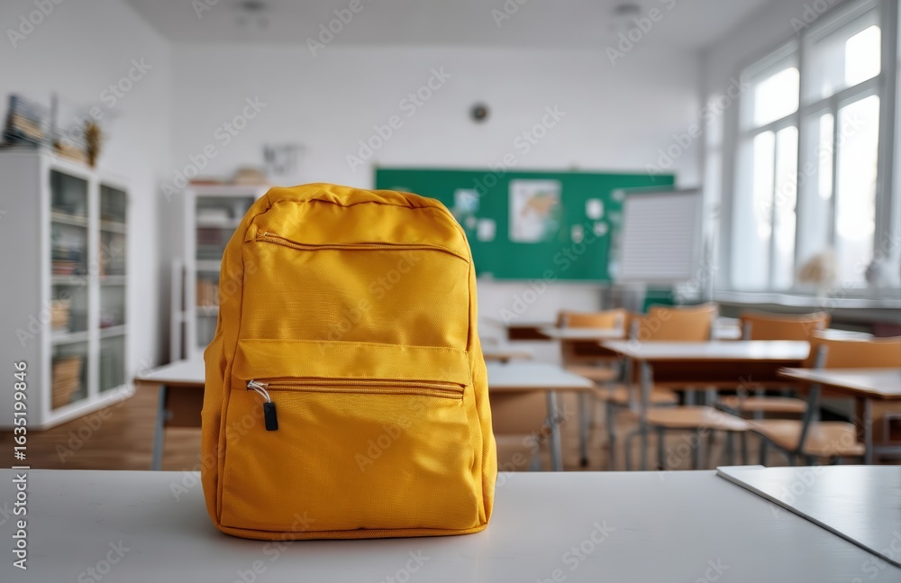Poster yellow student's backpack resting on a desk in an empty classroom, symbolizing readiness for back to