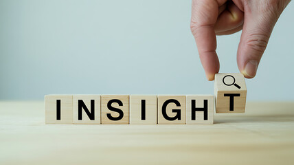 Hand placing a wooden block with a magnifying glass icon to complete the word insight symbolizing discovery and understanding