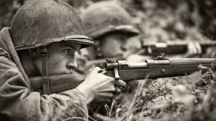Fototapeta premium World War II Soldiers in Trench, Black and White Photography